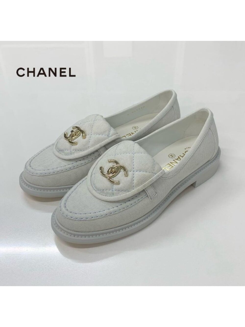 Chanel Canvas CC Logo Turnlock Loafers Denim Light Blue